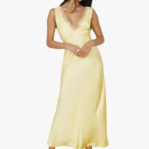 BAGONE Summer Butter Yellow Satin Lace V Neck Midi Dress